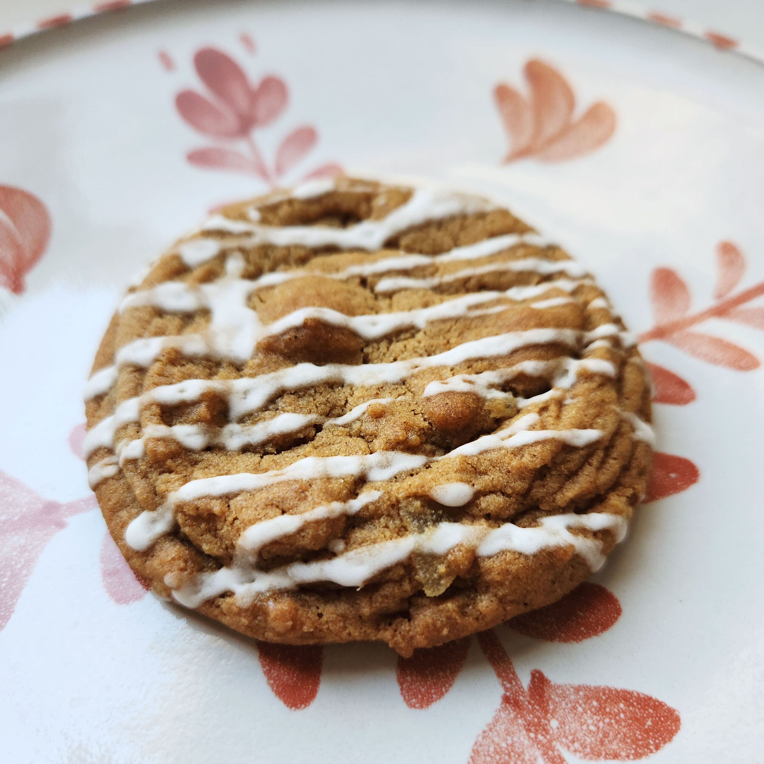 Delicious Ginger Molasses Cookie with white icing drizzle on a Christmas pattern plate.